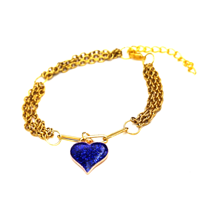 Háromsoros divat karkötő kék csillogó szív charmmal, arany színű