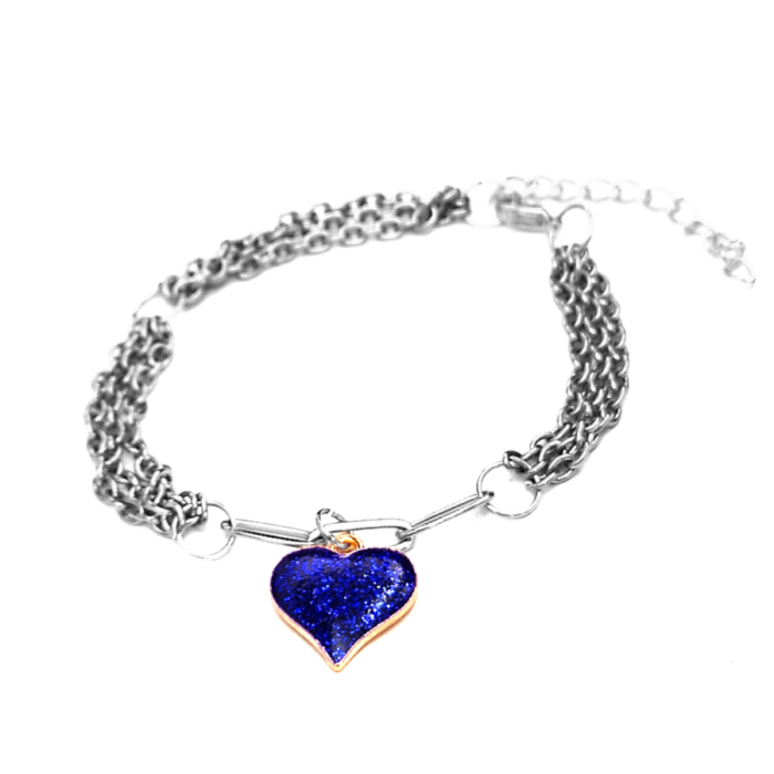 Háromsoros divat karkötő kék csillogó szív charmmal, ezüst színű