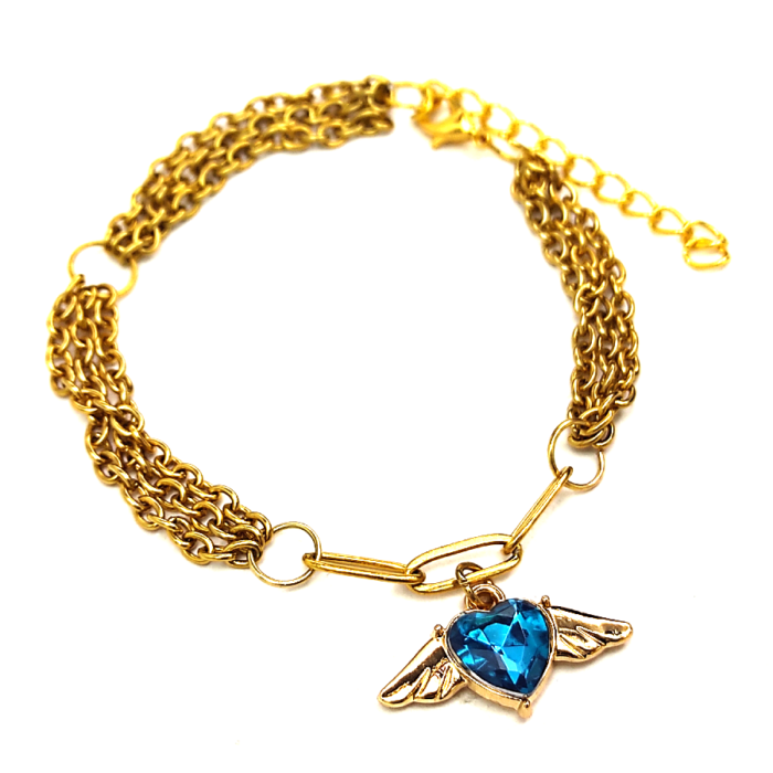 Háromsoros divat karkötő kék kristály angyalszárnyas charmmal, arany színű