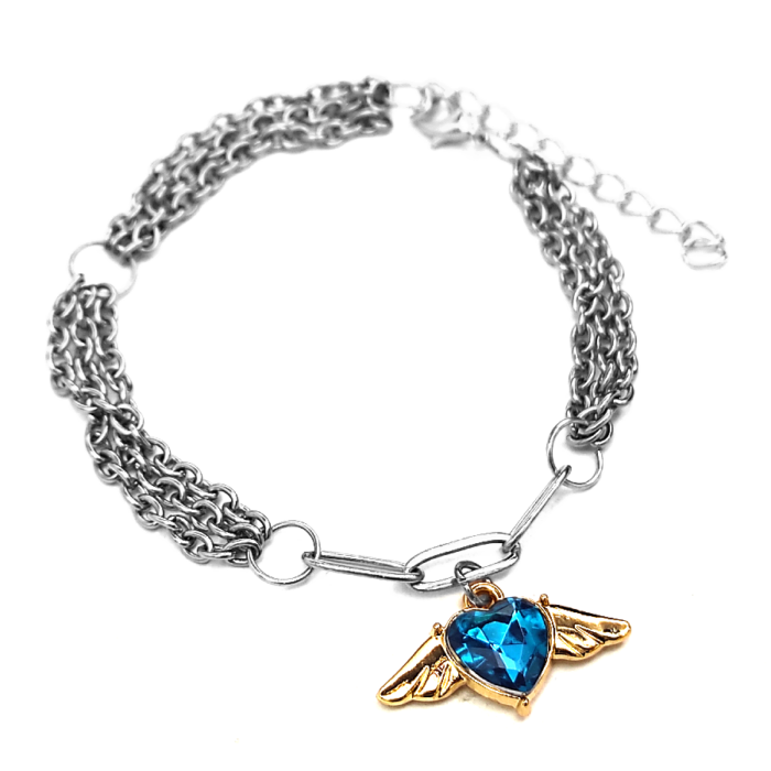 Háromsoros divat karkötő kék kristály angyalszárnyas charmmal, ezüst színű