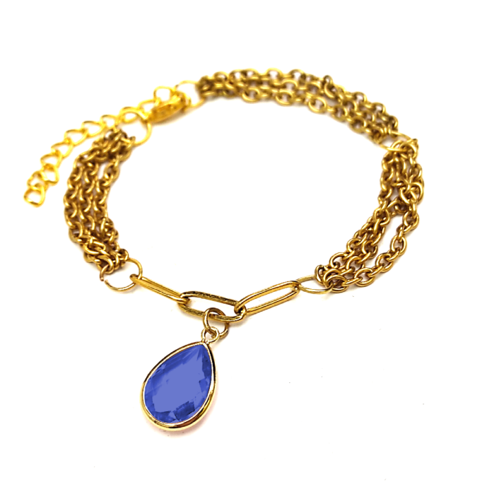 Háromsoros divat karkötő kék kristály csepp charmmal, arany színű