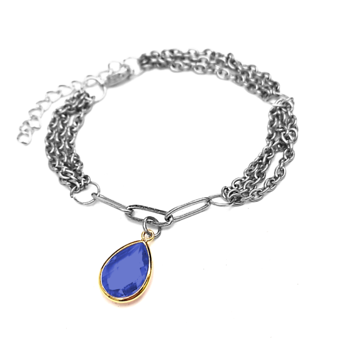 Háromsoros divat karkötő kék kristály csepp charmmal, ezüst színű
