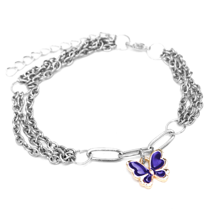 Háromsoros divat karkötő kék pillangós charmmal, ezüst színű