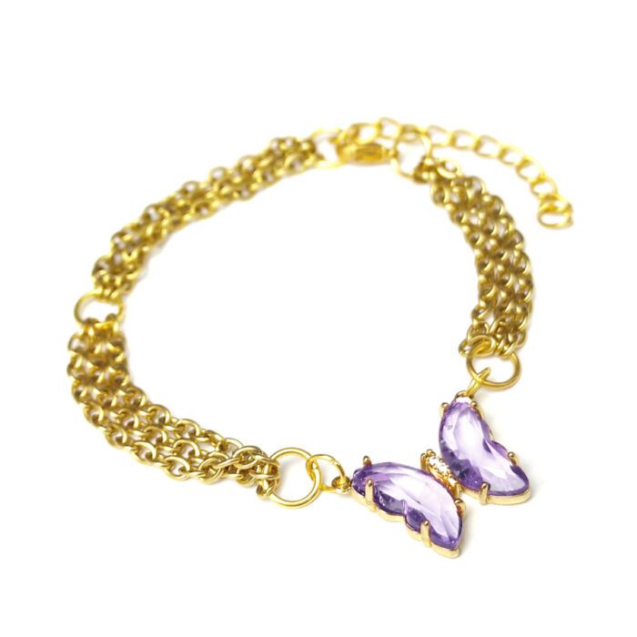 Háromsoros divat karkötő lila kristálypillangós charmmal, arany színű