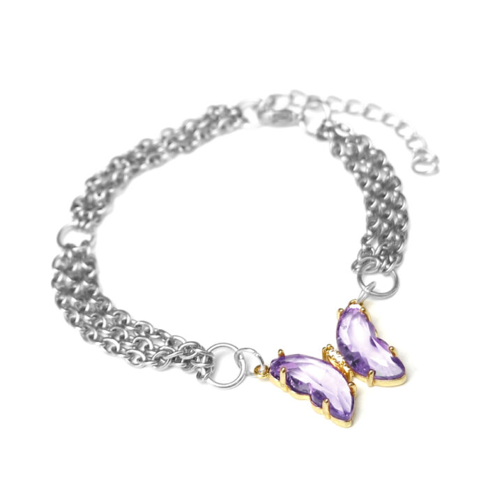 Háromsoros divat karkötő lila kristálypillangós charmmal, ezüst színű
