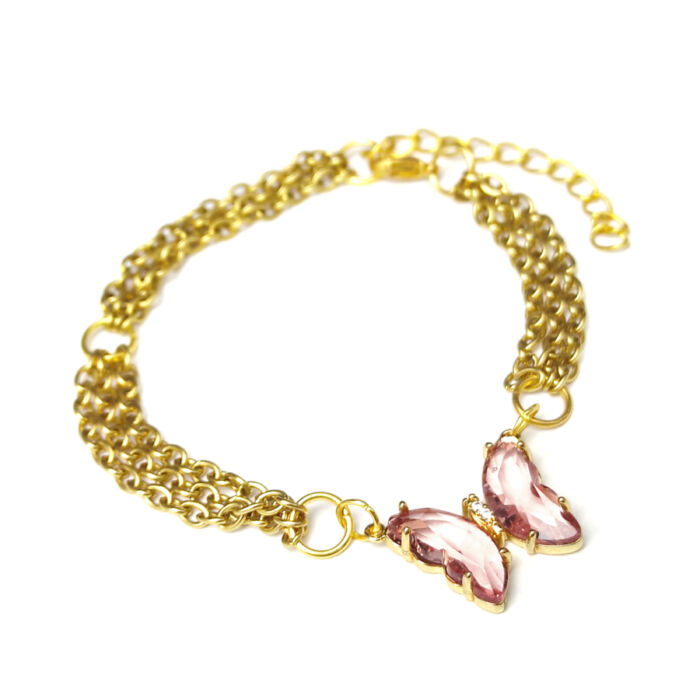 Háromsoros divat karkötő pink színű kristálypillangós charmmal, arany színű