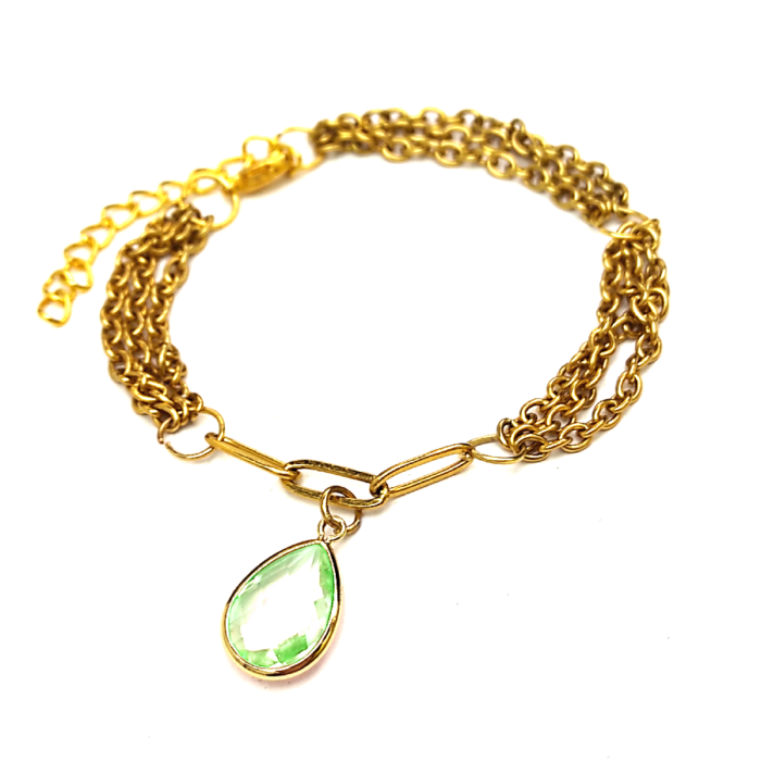 Háromsoros divat karkötő zöld kristály csepp charmmal, arany színű