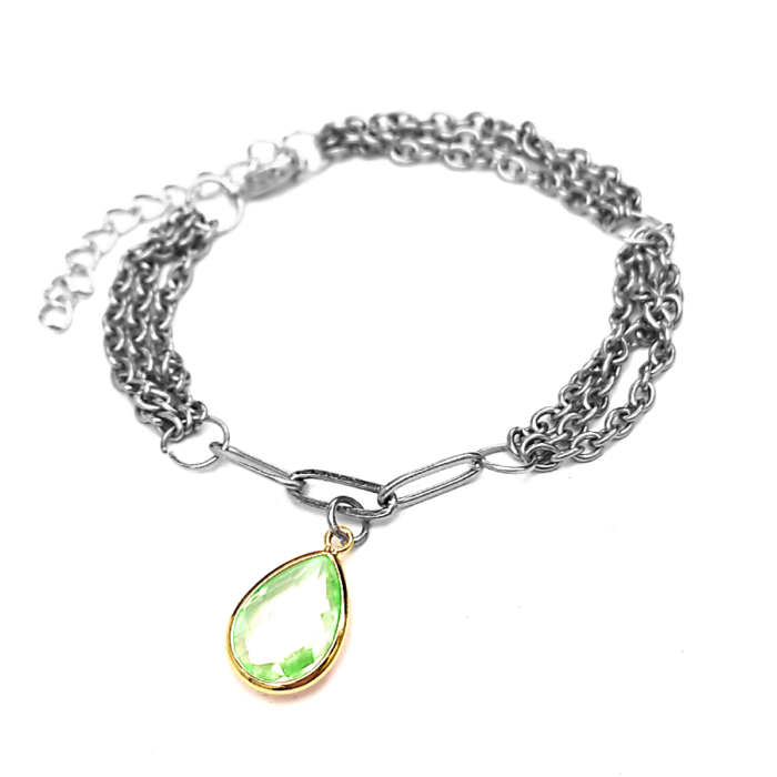 Háromsoros divat karkötő zöld kristály csepp charmmal, ezüst színű