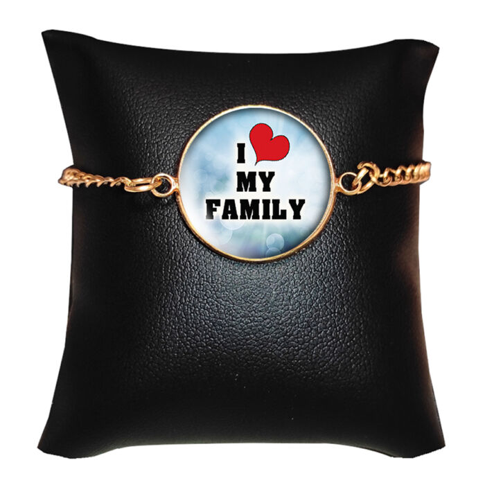 I Love Family (Szeretem a családom) üveglencsés karkötő arany színben