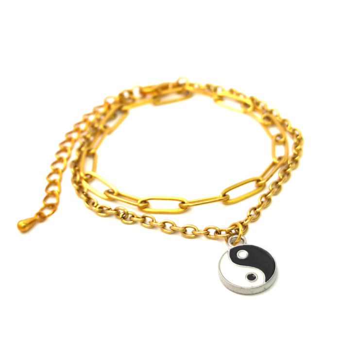 Jin-jang charmos rozsdamentes acél dupla karkötő, arany színű