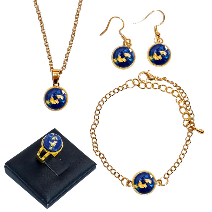 Kék-arany (lánc, karkötő, fülbevaló, gyűrű) szett, arany és ezüst színben