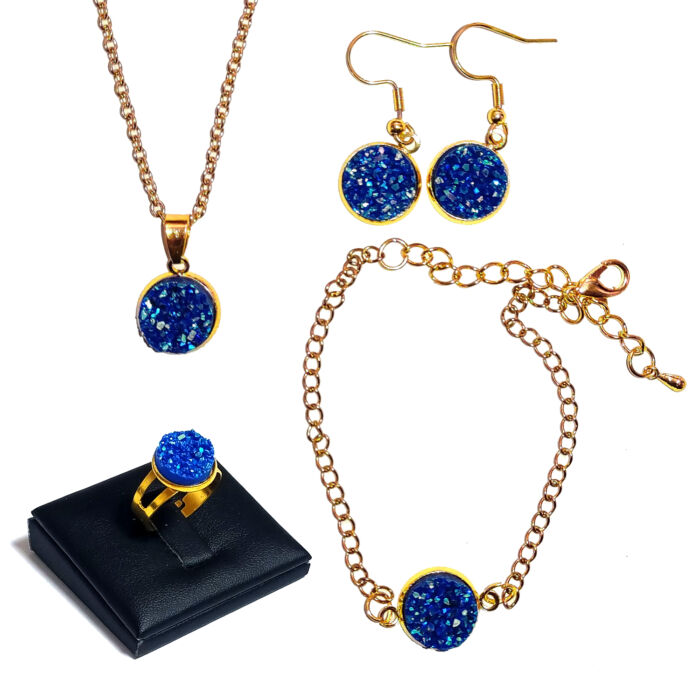 Kék csillámos (lánc, karkötő, fülbevaló, gyűrű) szett, arany és ezüst színben