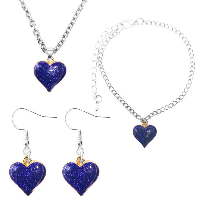 Kék csillogó szív medál nyaklánc, fülbevaló és karkötő szett, ezüst színű