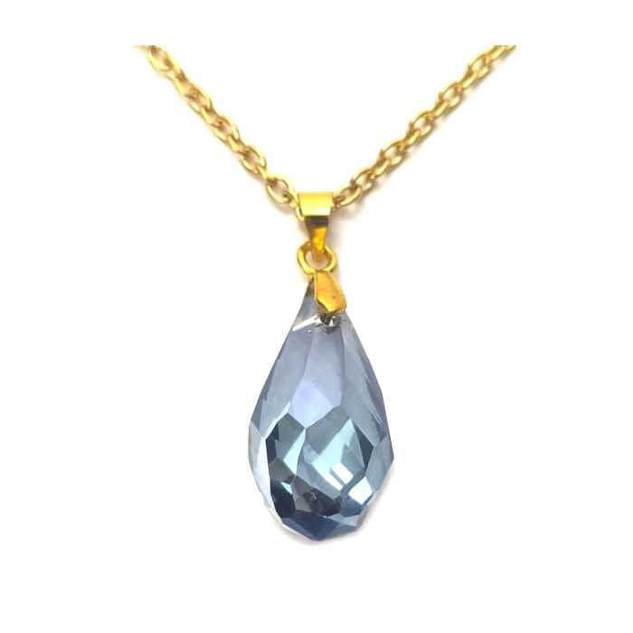 Kék kristály csepp medál, választható arany vagy ezüst színű acél lánccal vagy bőr lánccal