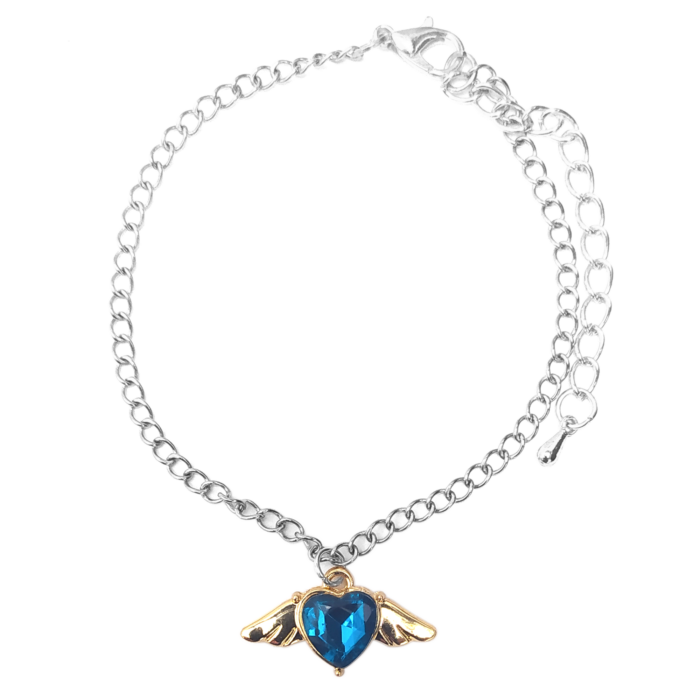 Kék kristály szív angyalszárnyas karkötő, ezüst színű