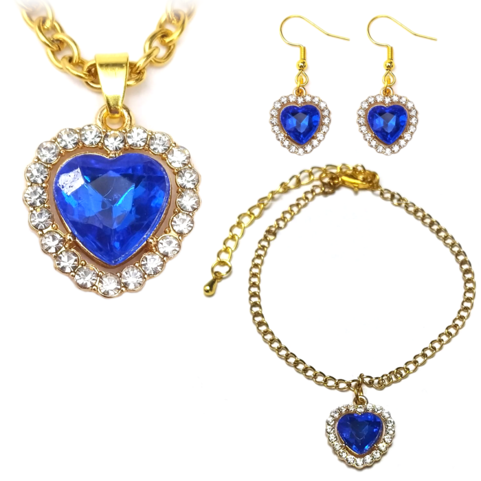 Kék kristály szív szett (lánc, karkötő, fülbevaló), arany színben