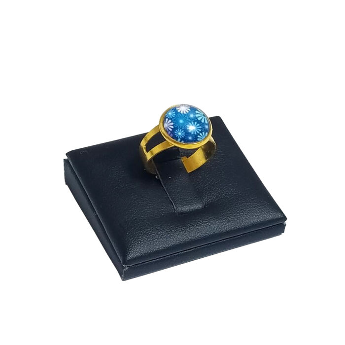 Kék virágos üveglencsés gyűrű, választható arany és ezüst színben