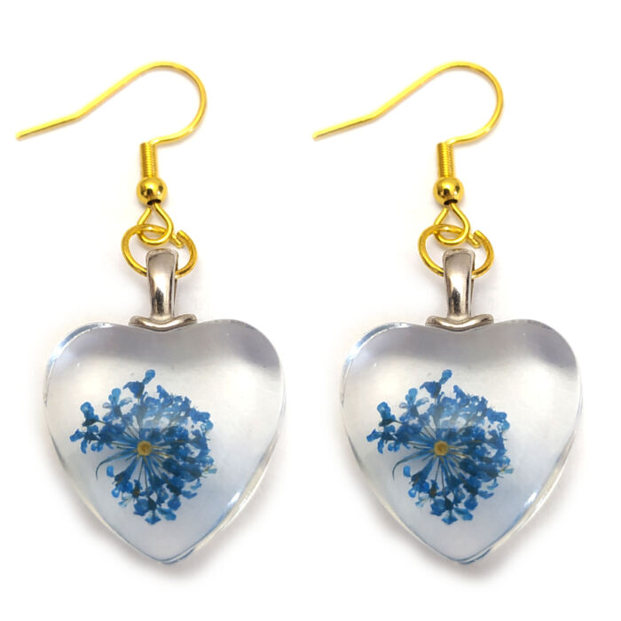Kék virágszív fülbevaló, választható arany vagy ezüst színű akasztóval