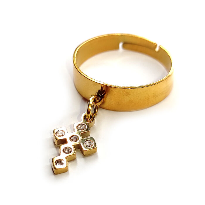 Kristályos Kereszt charmos állítható méretű gyűrű, arany színű, választható szélességben