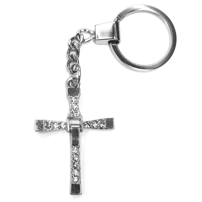 Kristályos kereszt kulcstartó, ezüst színben