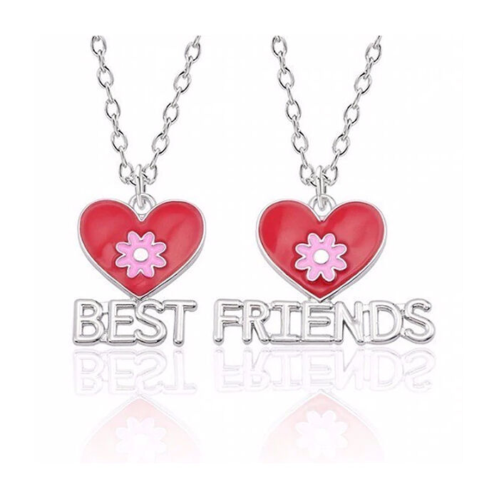 Legjobb barátok - 2 db lánc és medál, piros-pink virágokkal (Best Friends felirattal)