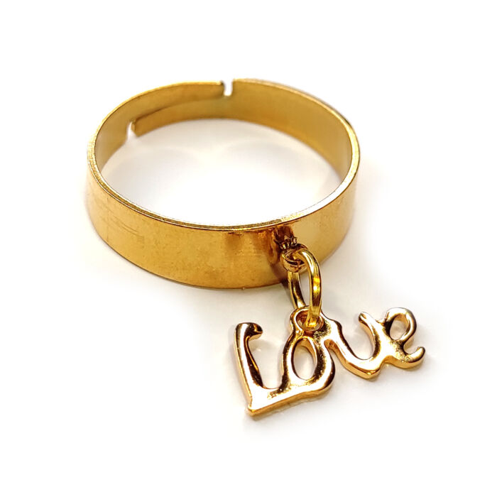 Love charmos állítható méretű gyűrű, arany színű, választható szélességben