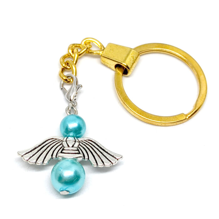 Őrangyal kulcstartó kék mesterséges gyöngyökkel, arany színben