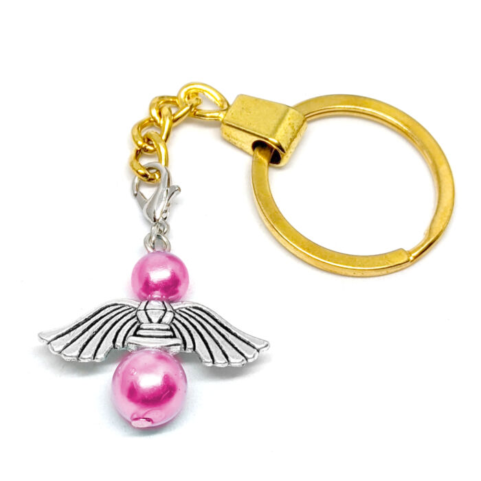 Őrangyal kulcstartó pink mesterséges gyöngyökkel, arany színben