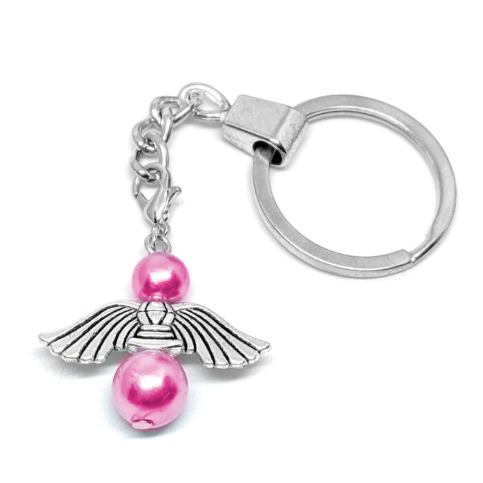 Őrangyal kulcstartó pink mesterséges gyöngyökkel, ezüst színben