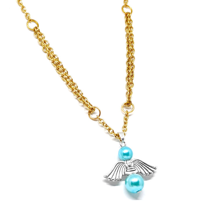Őrangyal medál kék mesterséges gyöngyökkel, arany színű kétsoros nyaklánccal