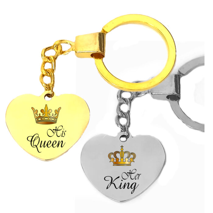 Páros Her King His Queen kulcstartó több formában (szív, kör vagy dögcédula)