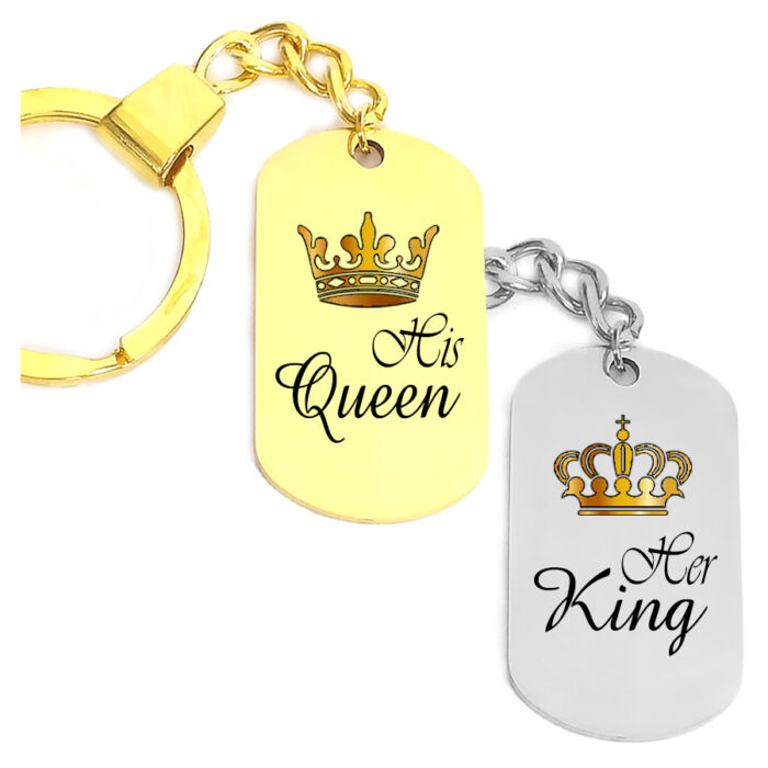 Páros Her King His Queen tüköracél kulcstartó (szív, kör vagy dögcédula)