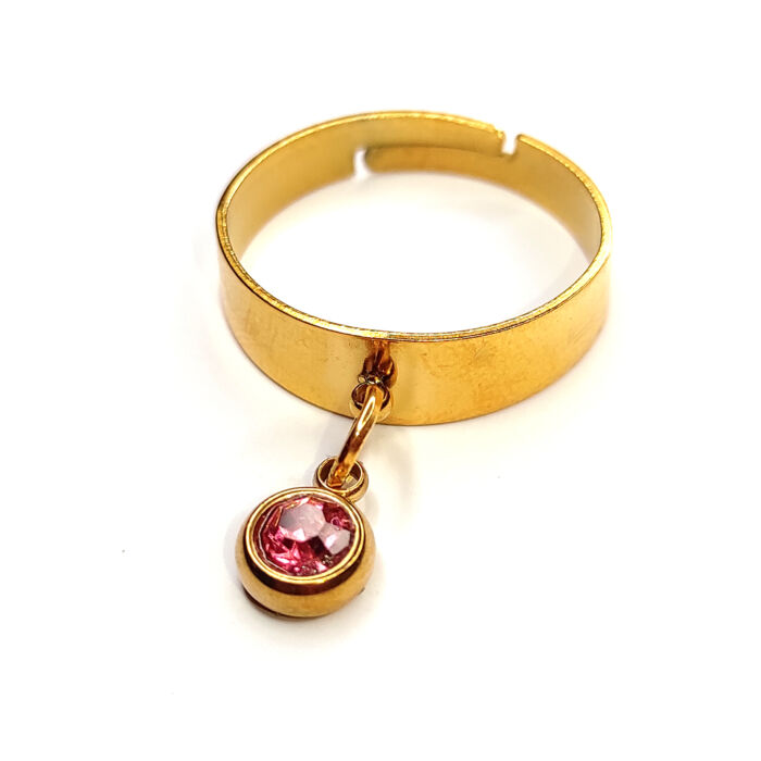 Pink kristály charmos állítható méretű gyűrű, arany színű, választható szélességben