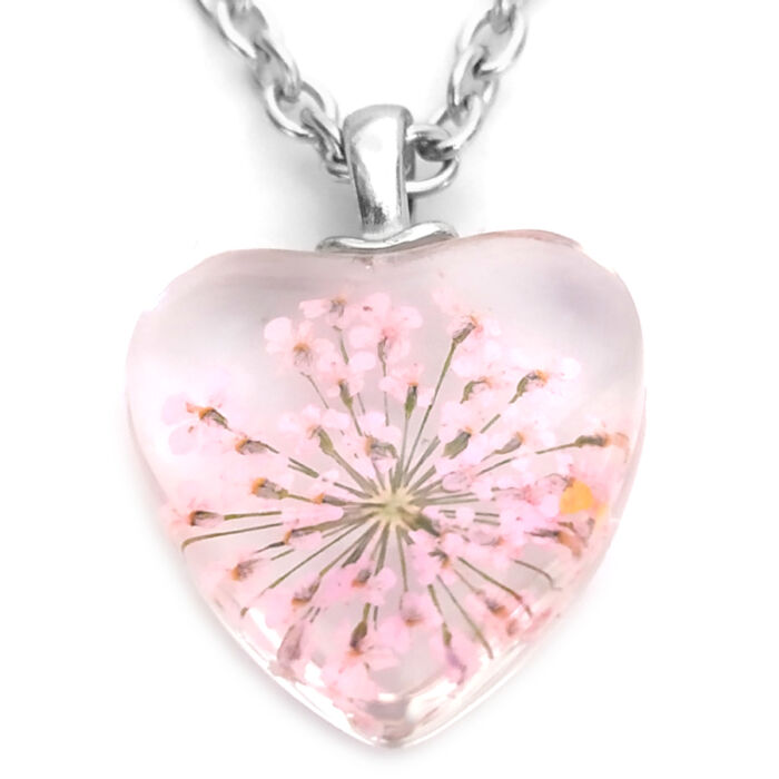 Pink virág szív (2) üvegmedál, választható arany vagy ezüst színű acél lánccal vagy bőr lánccal