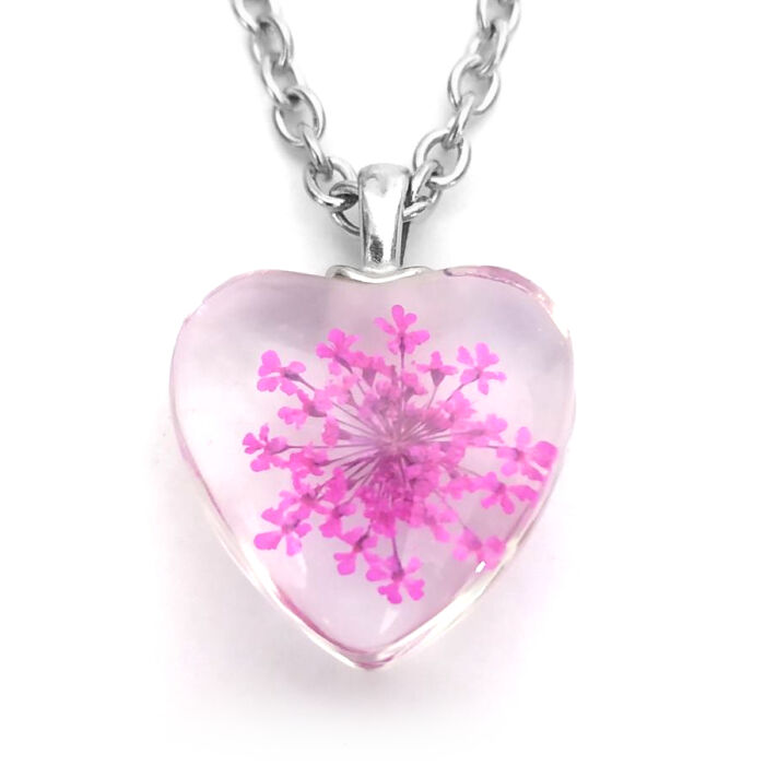 Pink virág szív üvegmedál, választható arany vagy ezüst színű acél lánccal vagy bőr lánccal