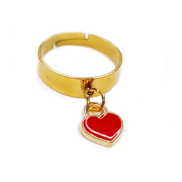 Piros tűzzománc szív charmos állítható méretű gyűrű, arany színű, választható szélességben