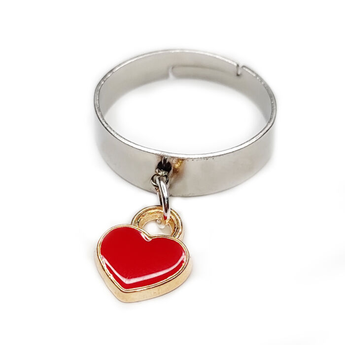 Piros tűzzománc szív charmos állítható méretű gyűrű, ezüst színű, választható szélességben