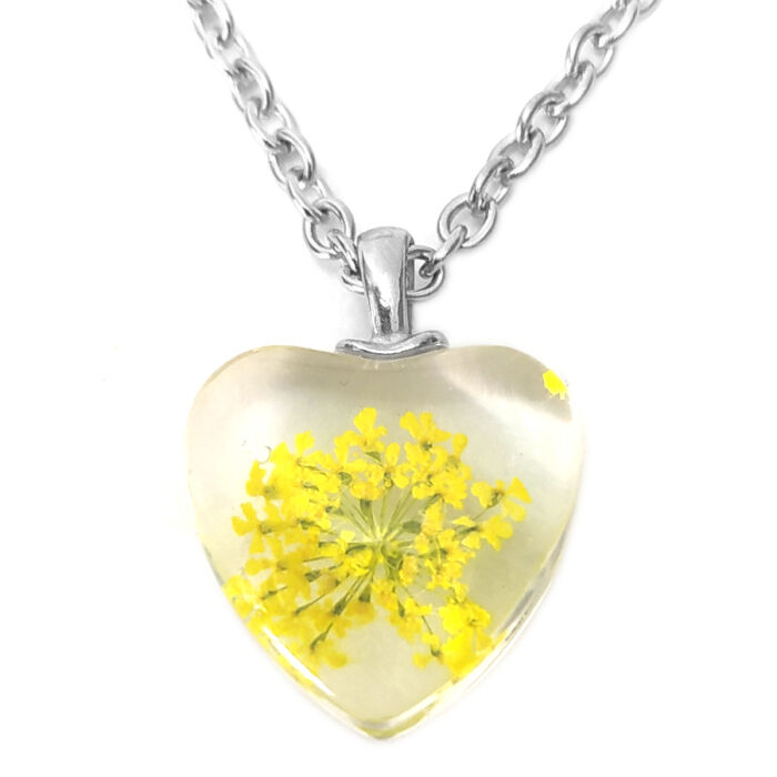 Sárga virág szív üvegmedál, választható arany vagy ezüst színű acél lánccal vagy bőr lánccal