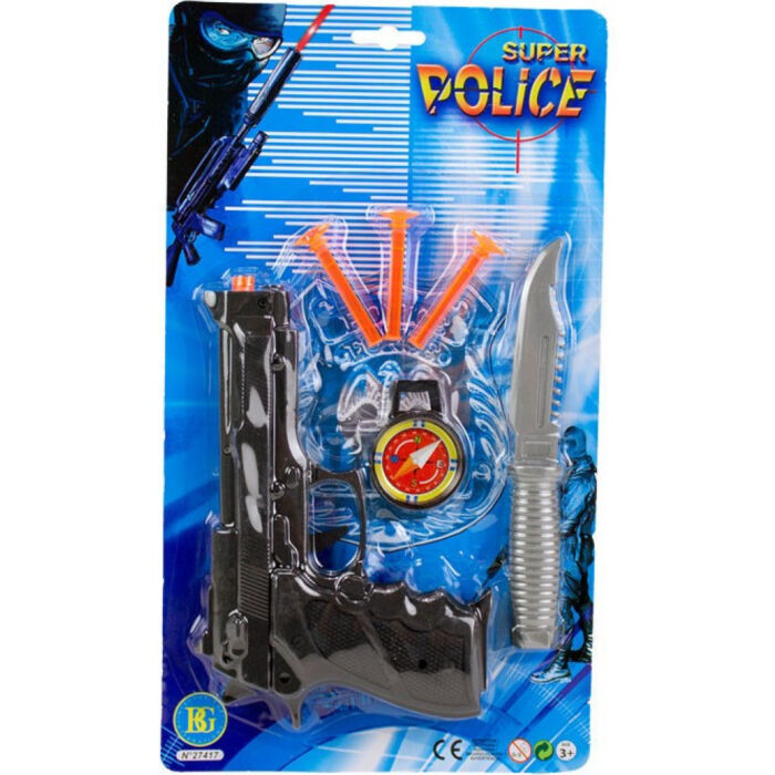 Super Police készlet 22 cm, tapadókorongos nyilakkal, késsel, iránytűvel