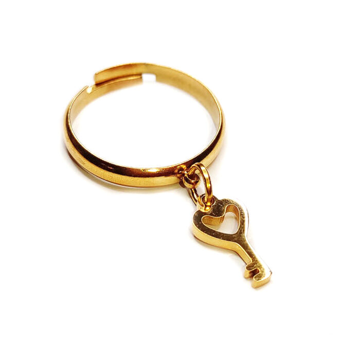 Szív Kulcs charmos állítható méretű gyűrű, arany színű, választható szélességben