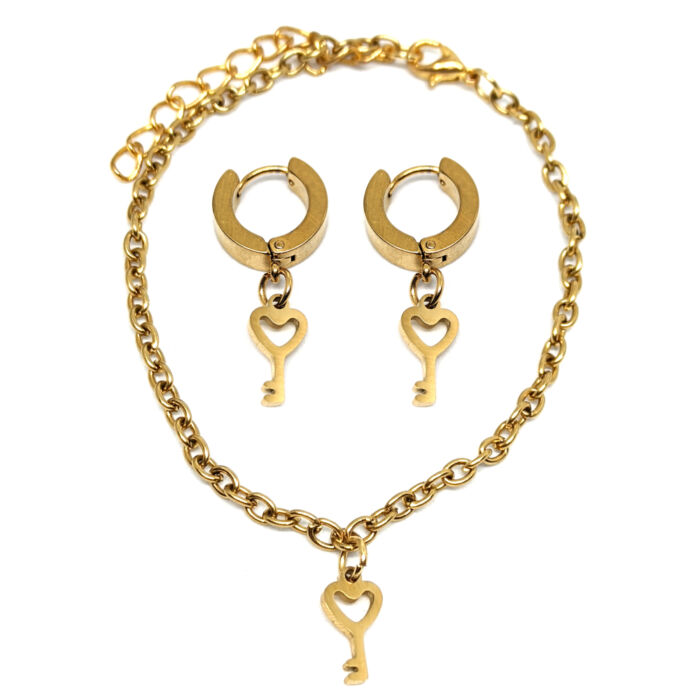 Szív Kulcs charmos nemesacél karkötő + fülbevaló szett, arany színű