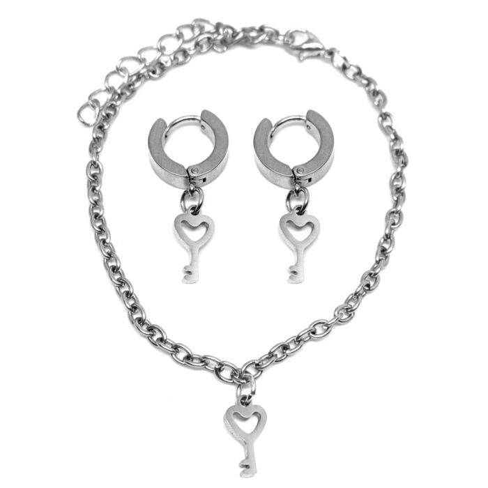 Szív Kulcs charmos nemesacél karkötő + fülbevaló szett, ezüst színű
