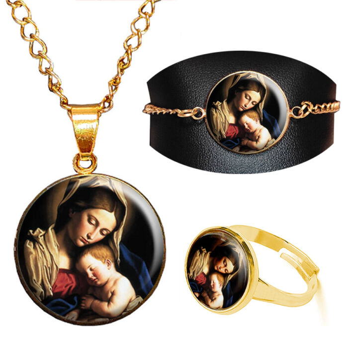 Szűz Mária üveglencsés ékszerszett (medál lánccal + karkötő + gyűrű) arany vagy ezüst színben
