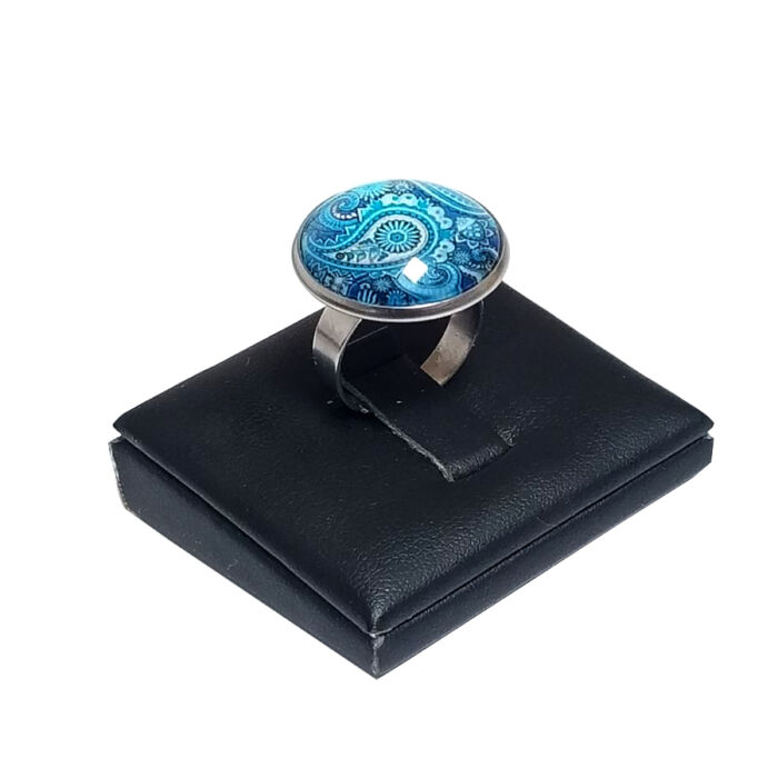 Török mintás kék üveglencsés gyűrű, választható arany és ezüst színben