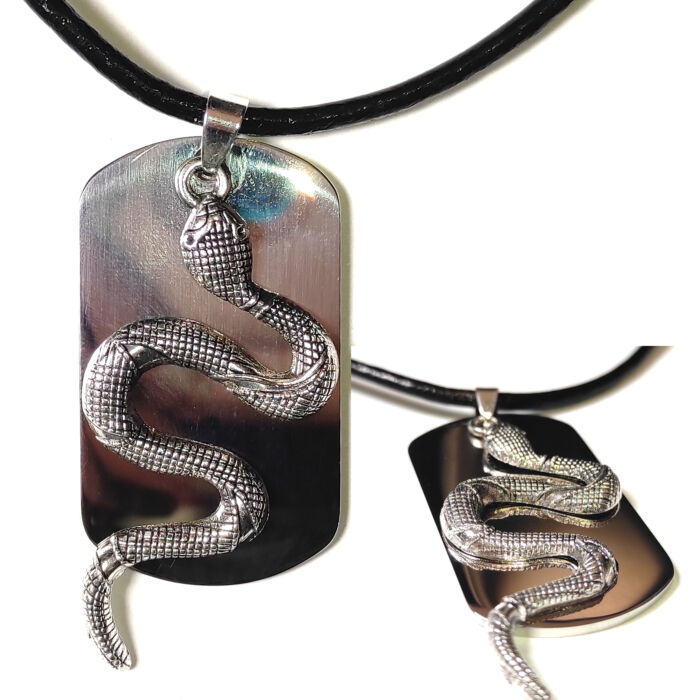 Tüköracél ezüst dögcédula ezüst színű kígyóval, bőr lánccal vagy kulcstartóval