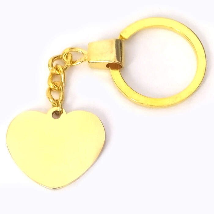 Tükörfényű nemesacél szív kulcstartó, arany színben (gravírozható)