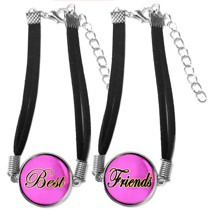 Uniszex állítható PÁROS Best Friends (Legjobb Barátok) karkötő, pink színű háttérrel