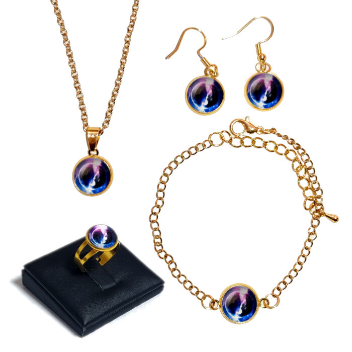 Világűr kék üveglencsés (lánc, karkötő, fülbevaló, gyűrű) szett II, arany és ezüst színben