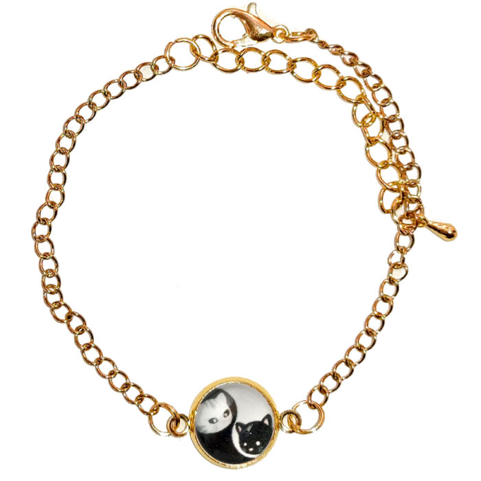 Yin-yang cicás üveglencsés karkötő, választható arany és ezüst színben