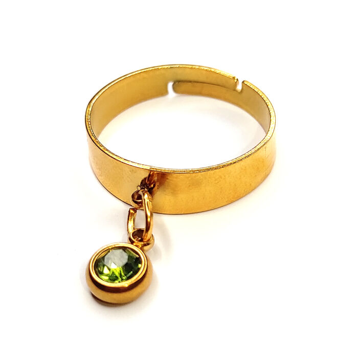 Zöld kristály charmos állítható méretű gyűrű, arany színű, választható szélességben